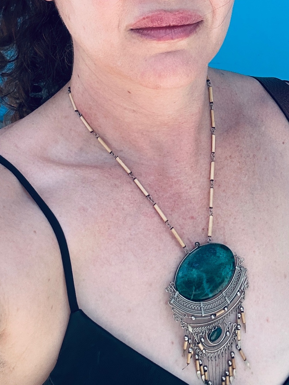 HANDMADE Peruvian Style Bohemian Green Polished Stone Bamboo Necklace
